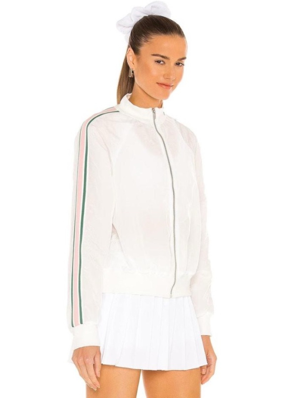 REVOLVE Tennis Club White Bomber Jacket with Green and Pink Sleeve Stripes